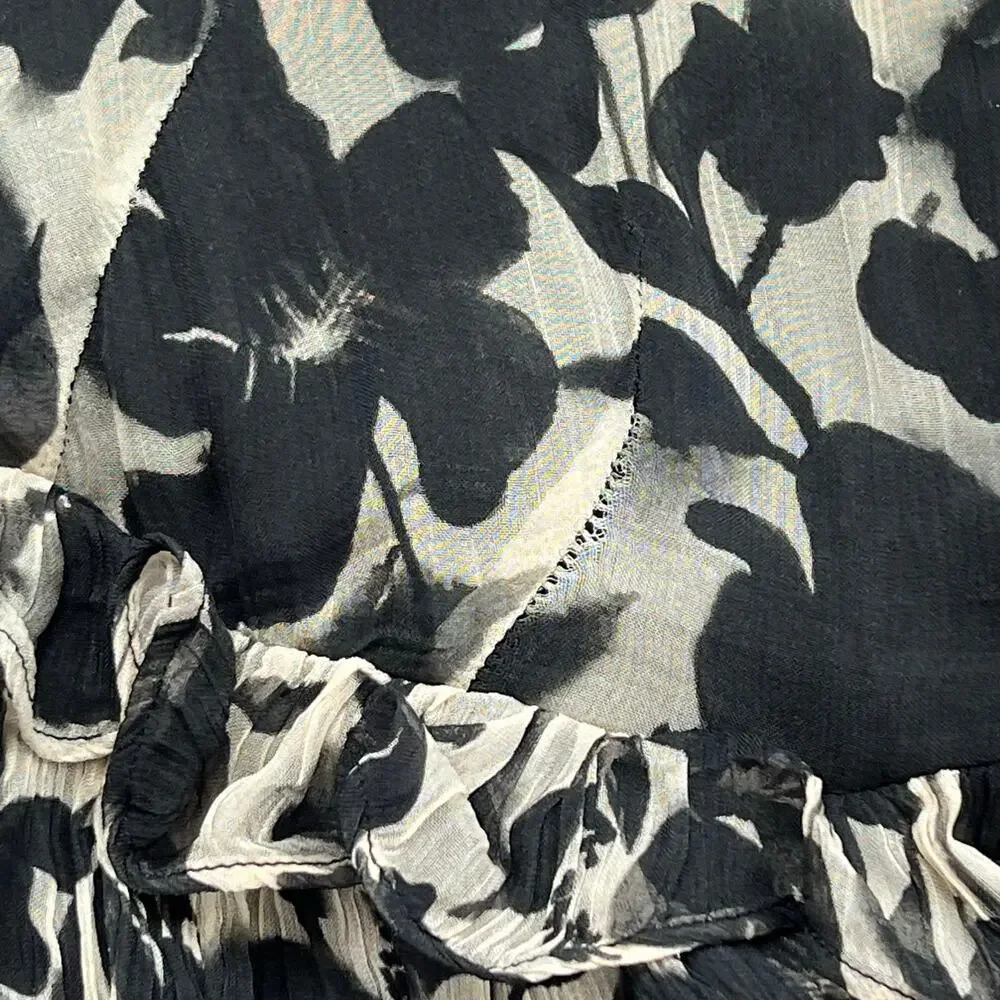 J.Crew collection chiffon ruffle trim maxi dress black & cream floral flowy 14